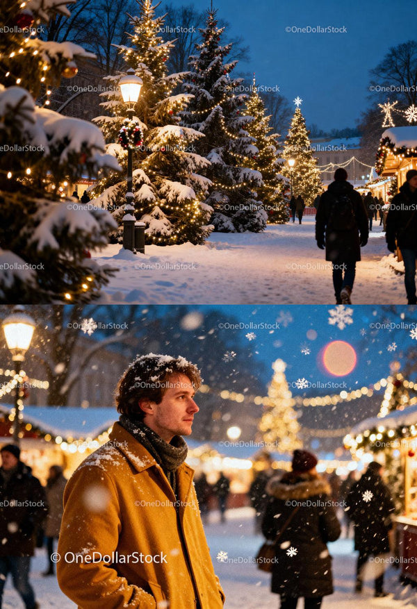 Winter Evening at Festive Christmas Market with Lights