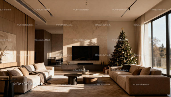 Cozy living room with Christmas tree and natural light