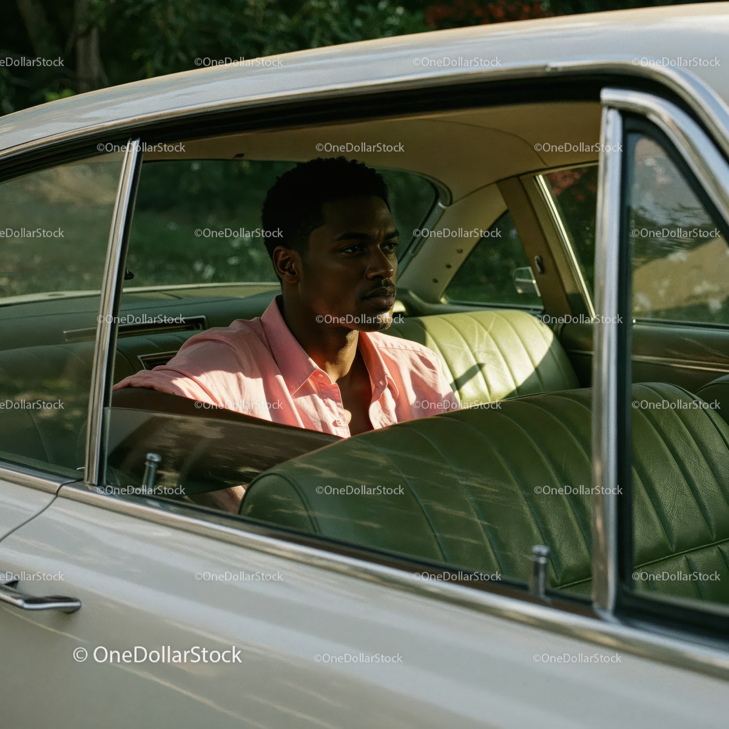 Young Man in Vintage Car Interior with Green Foliage Background