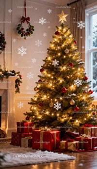 Cozy Living Room with Warmly Lit Christmas Tree and Gifts