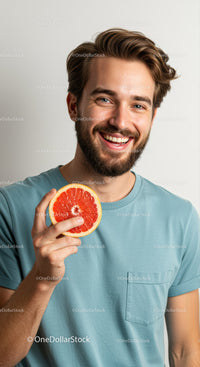 Young Man Smiling Holding a Fresh Grapefruit in Studio Shot