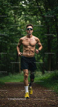 Male Runner with Prosthetic Leg Running Through Foggy Forest Trail