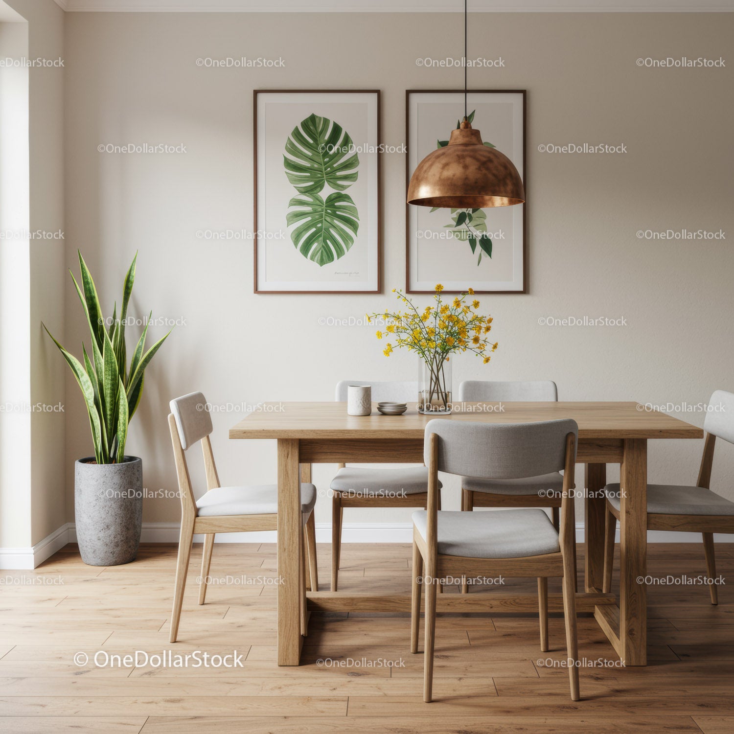 Elegant Dining Room with Botanical Wall Art and Greenery