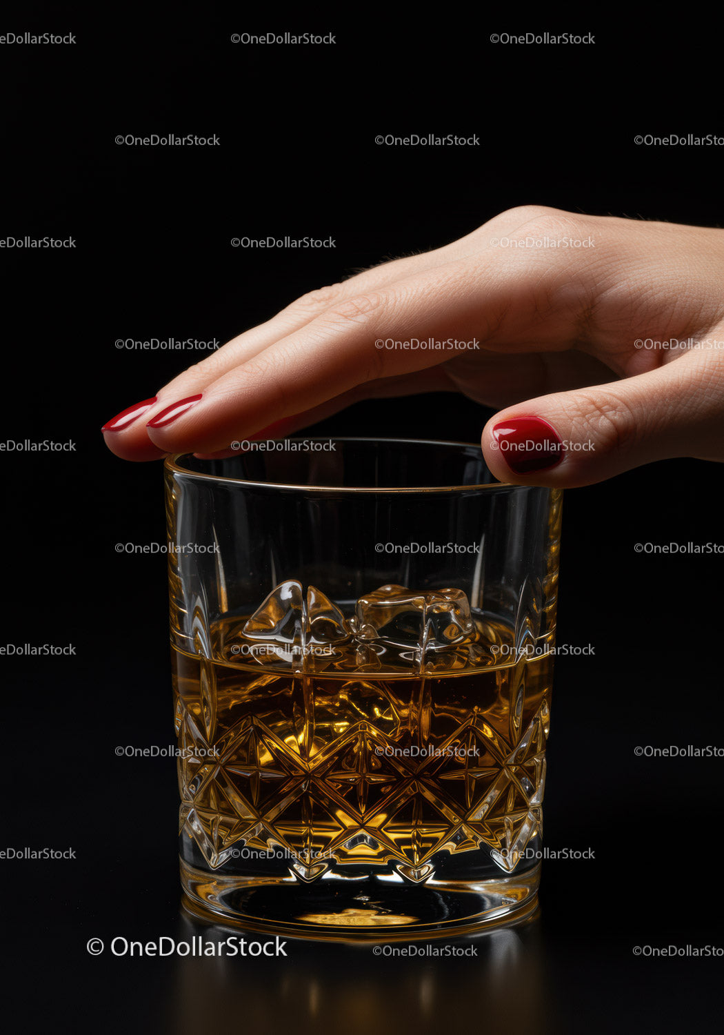 Hand with red nails touching whiskey glass with ice