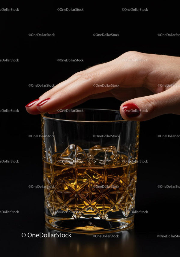 Hand with red nails touching whiskey glass with ice