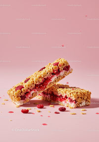 Berry and yogurt granola bars on pink background