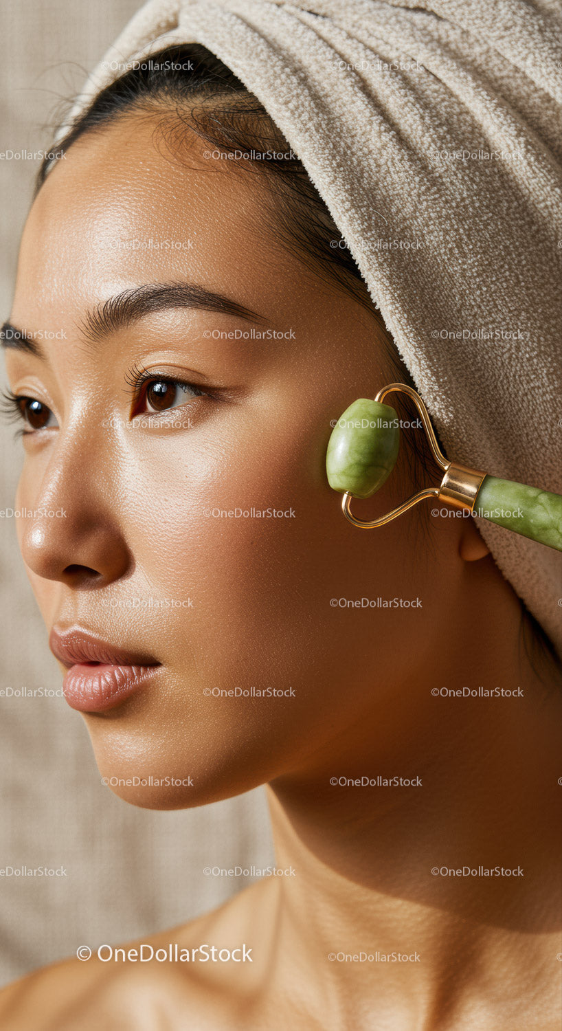 Beautiful Young Woman Using Jade Roller Skincare Treatment for Glowing Skin
