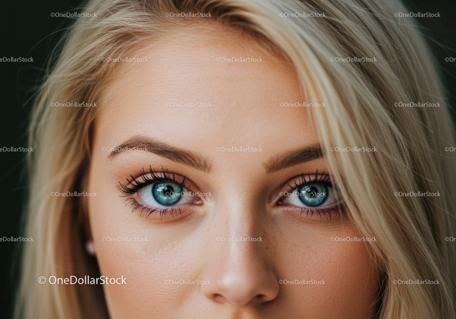 Close up of blue eyes with natural makeup on blonde woman
