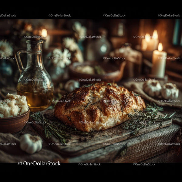 Rustic Bread and Cozy Kitchen Scene with Candles and Herbs