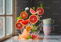 Fresh citrus slices splashing with ice and mint leaves