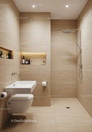 Modern Minimalist Bathroom with Beige Tiles and Walk-in Shower