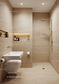 Modern Minimalist Bathroom with Beige Tiles and Walk-in Shower