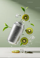 Refreshing aluminum can surrounded by kiwi and ice cubes