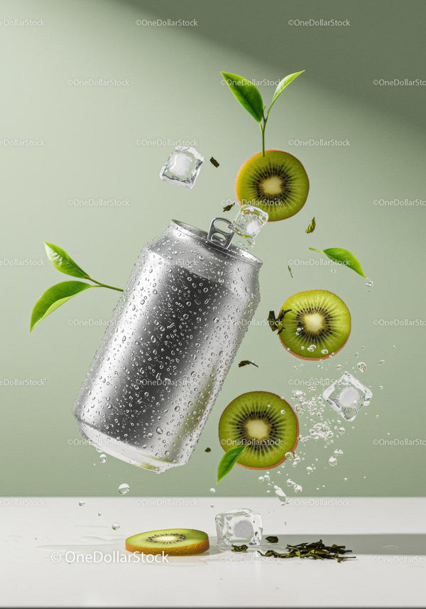 Refreshing aluminum can surrounded by kiwi and ice cubes