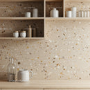 Modern Kitchen Shelf with Terrazzo Wall and Ceramic Jars