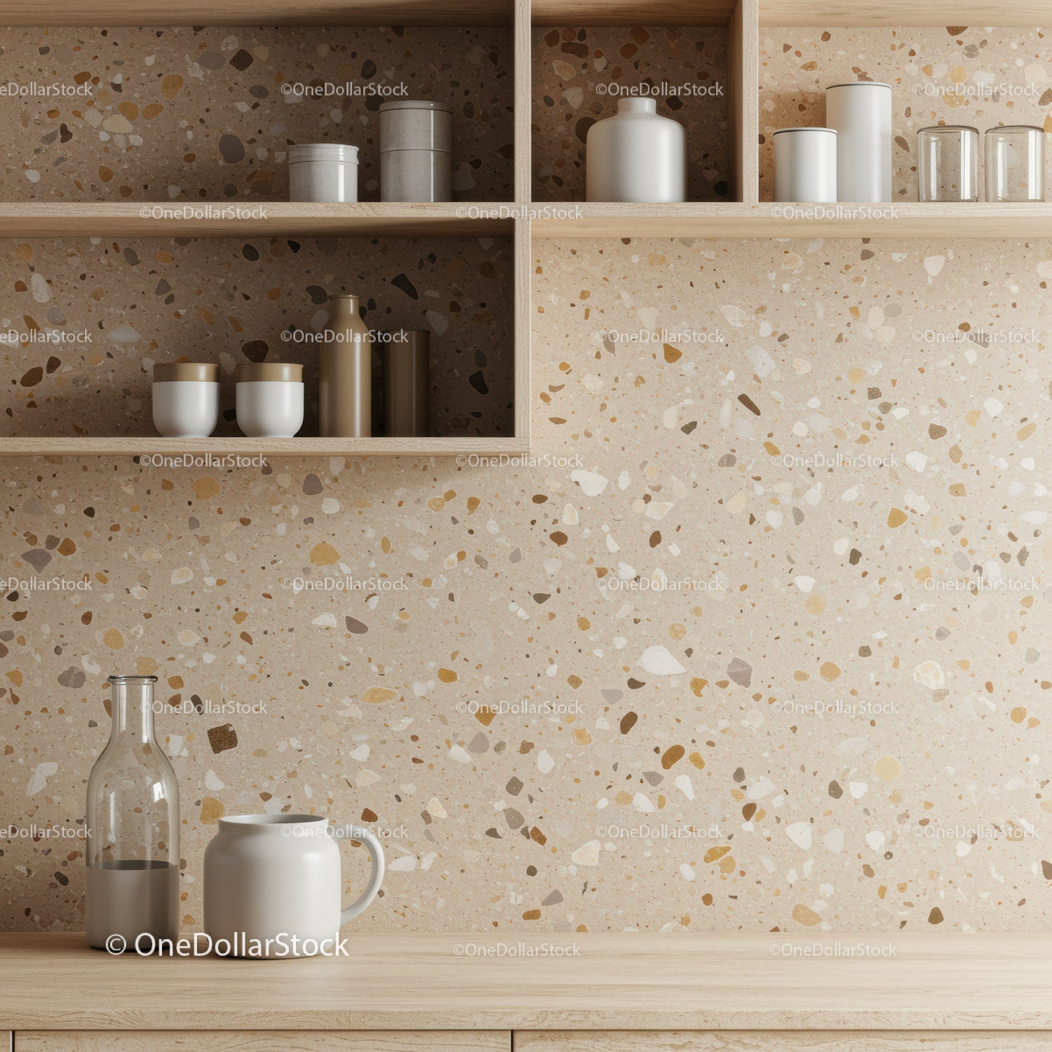 Modern Kitchen Shelf with Terrazzo Wall and Ceramic Jars
