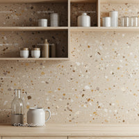 Modern Kitchen Shelf with Terrazzo Wall and Ceramic Jars