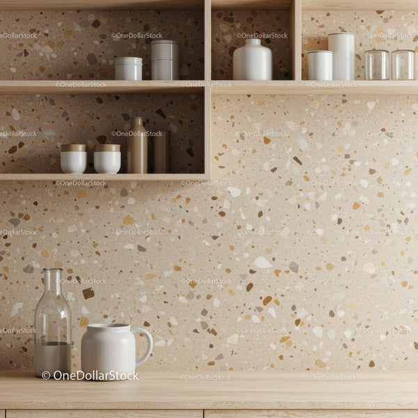 Nowoczesna Półka Kuchennna z Ścianą Terrazzo i Ceramicznymi Słoikami