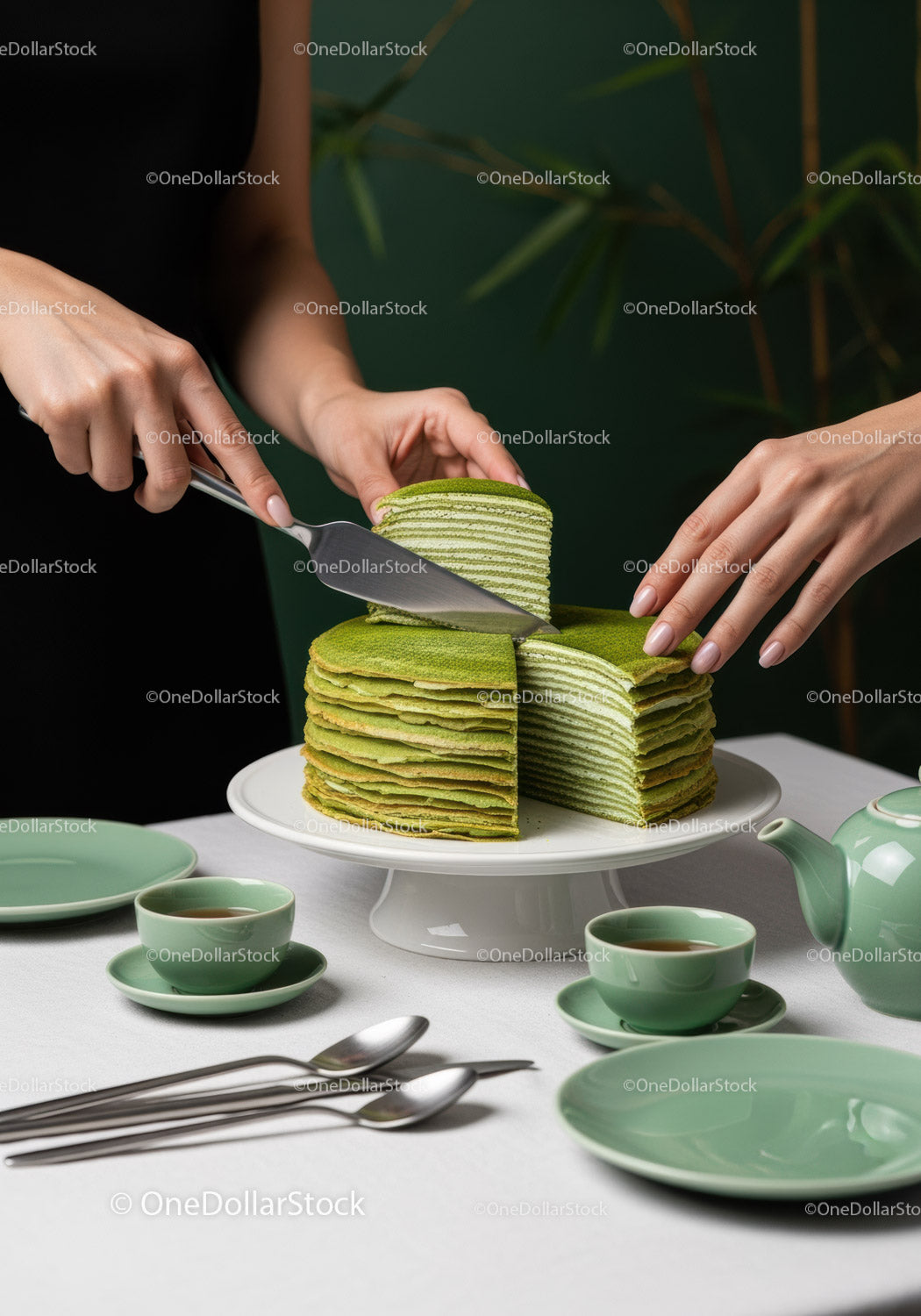 Elegancki zielony naleśnik matcha na luksusowe przyjęcie herbaciane