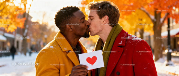 Romantic Winter Kiss Between Two Men Holding Heart Card