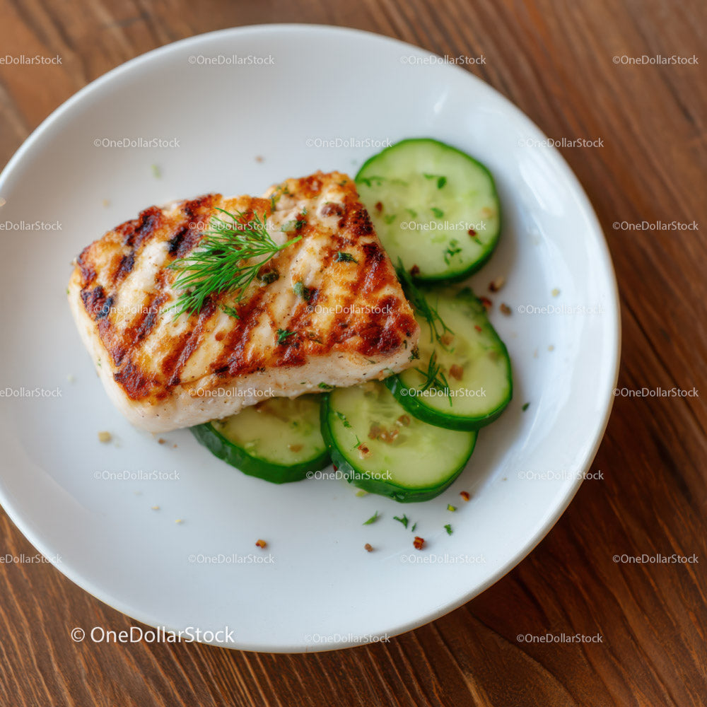 Grilled Fish Fillet with Fresh Cucumber Slices in White Bowl