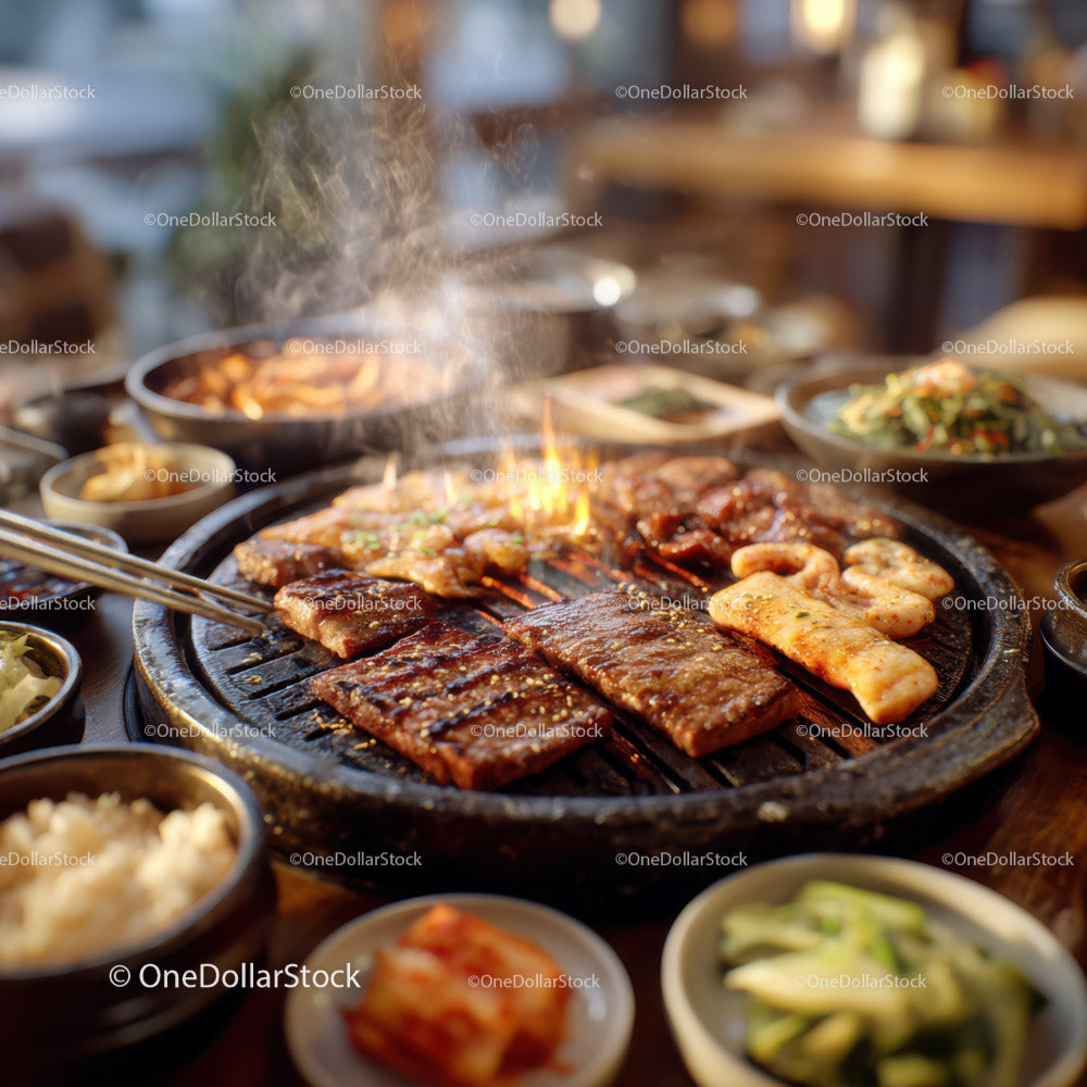 Korean Barbecue with Grilled Meat and Side Dishes on Sizzling Grill