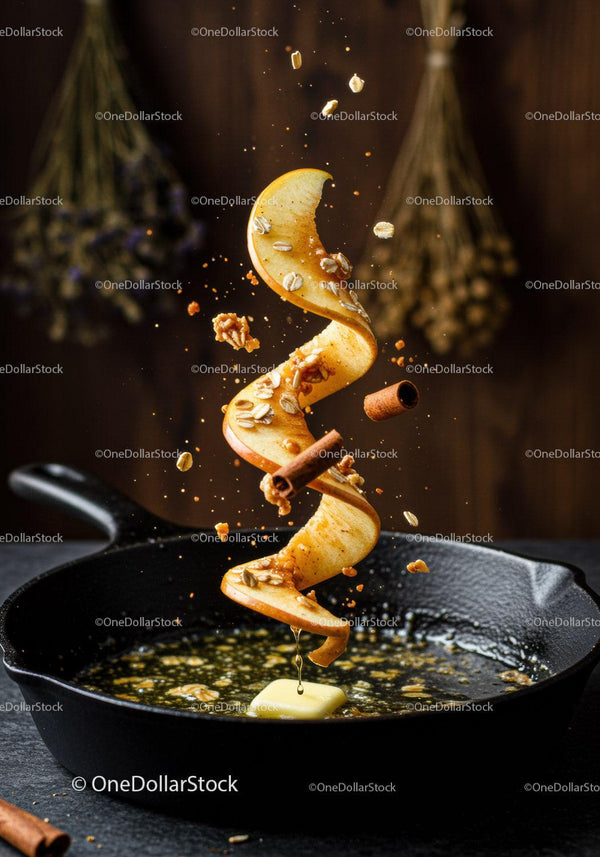 Spiral Apple Peel with Spices and Melting Butter in Pan