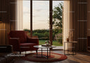 Cozy modern living room with garden view at sunset