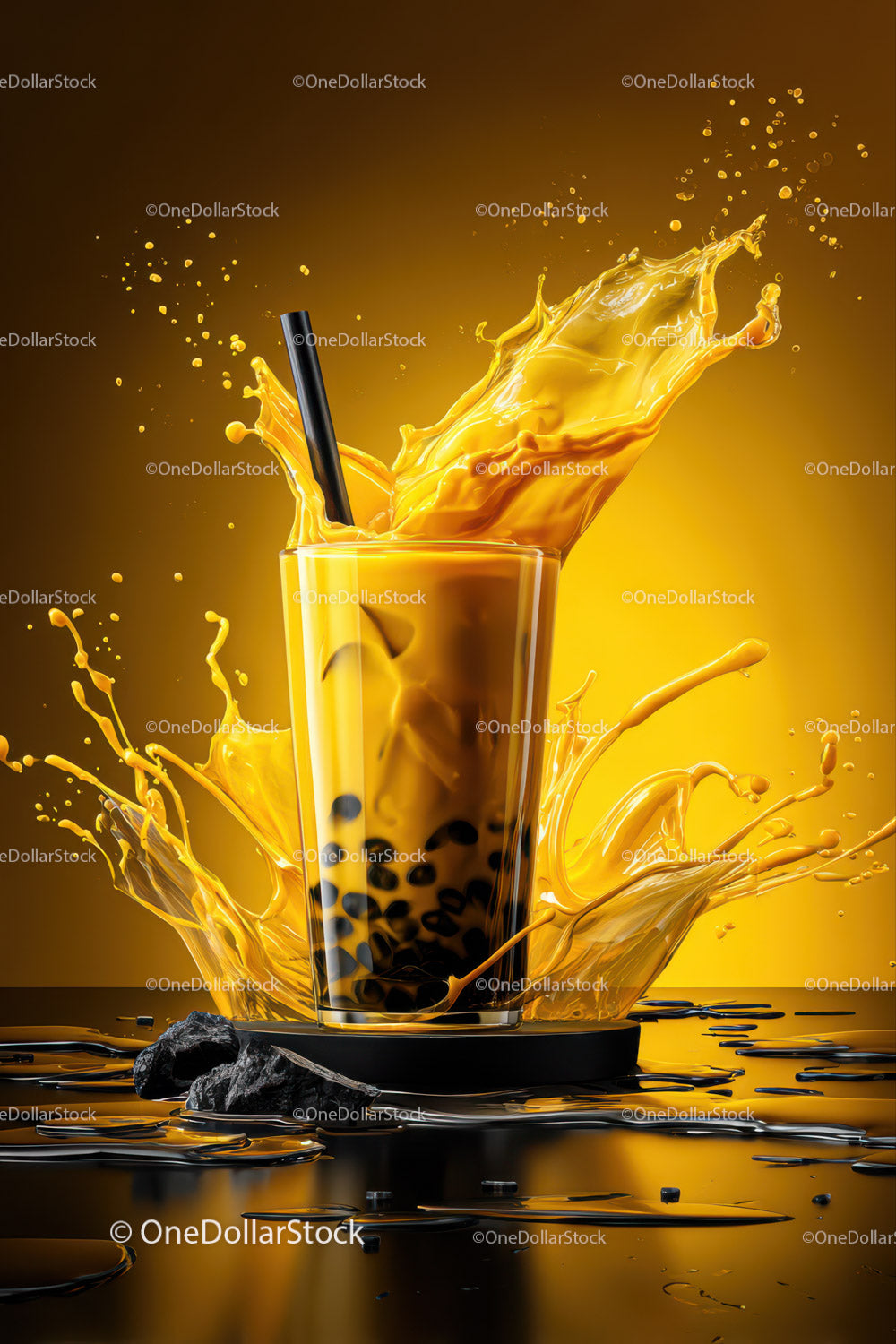 Vibrant Bubble Tea with Splashing Juice and Tapioca Pearls