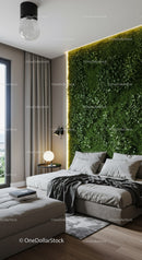 Modern Bedroom with Green Plant Wall and Cozy Interior Design