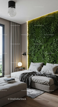 Modern Bedroom with Green Plant Wall and Cozy Interior Design