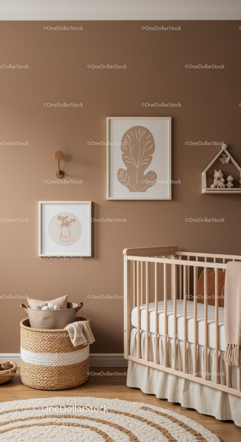 Minimalist Nursery with Wooden Crib and Botanical Wall Art