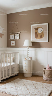 Cozy Baby Nursery with Wall Art and White Crib in Soft Neutral Tones