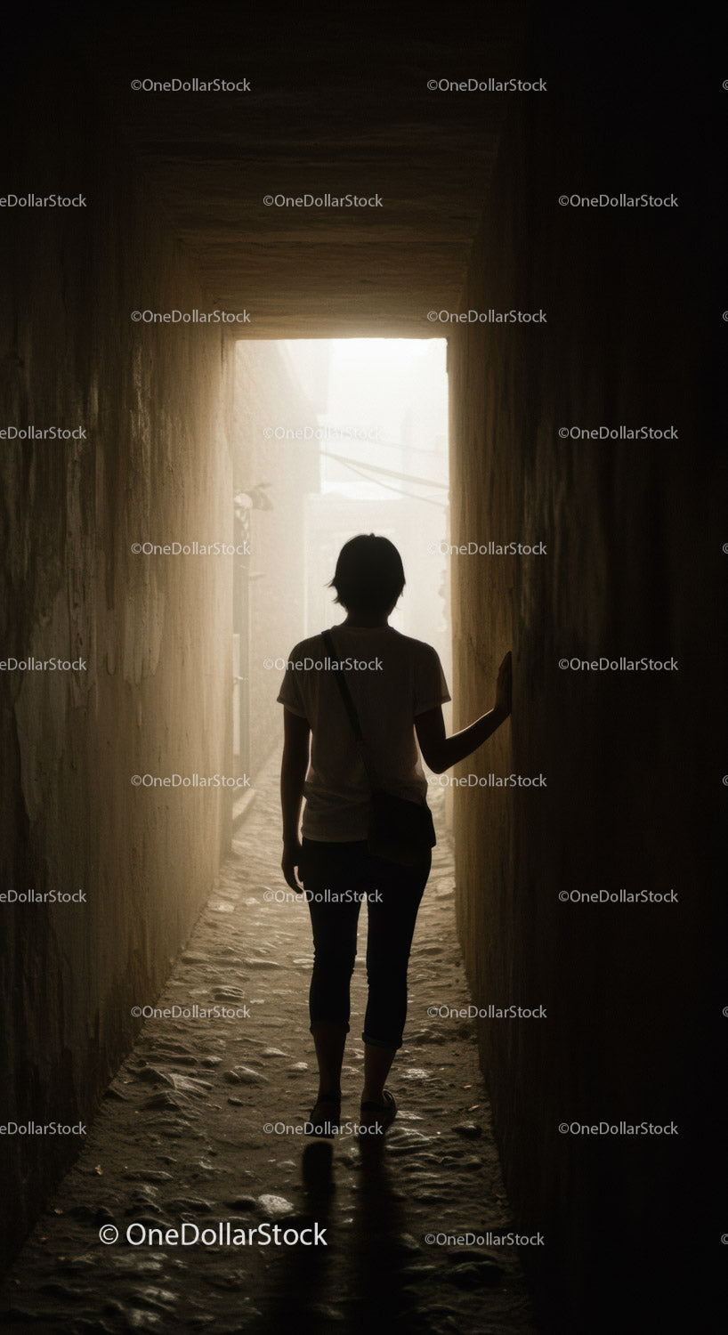 Silhouette of person walking through narrow passageway