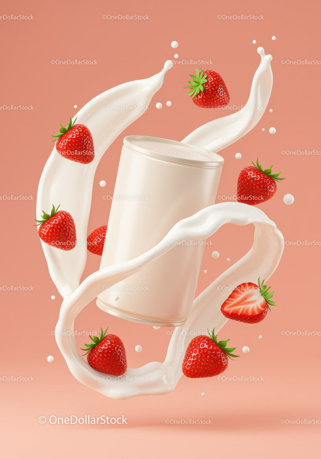 Fresh strawberries splashing in creamy milk swirl