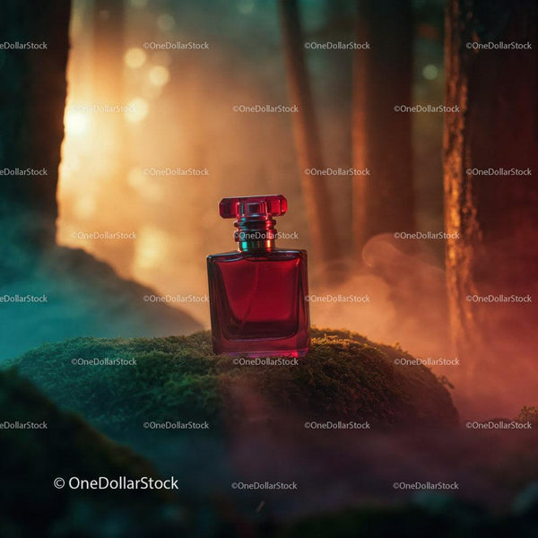Red Perfume Bottle in Mystical Forest Scene with Mist and Lighting JPG Mockup Image