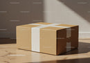 Closed cardboard box wrapped with white tape on wooden floor