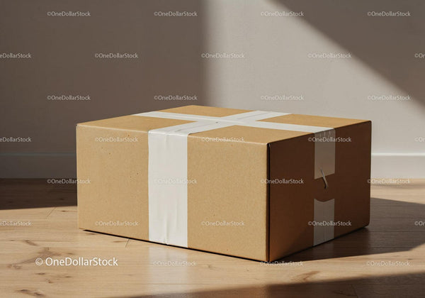 Closed cardboard box wrapped with white tape on wooden floor JPG Mockup Image