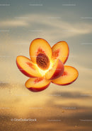 Glowing sliced peach hovering with seed in warm light