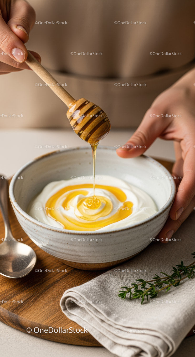 Honey Dripping into Yogurt in Ceramic Bowl for Healthy Breakfast