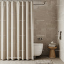 Elegant Beige and Brown Bathroom with Shower Curtain and Wooden Stool
