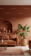 Elegant Modern Living Room Featuring Terracotta Walls and Monstera Plant