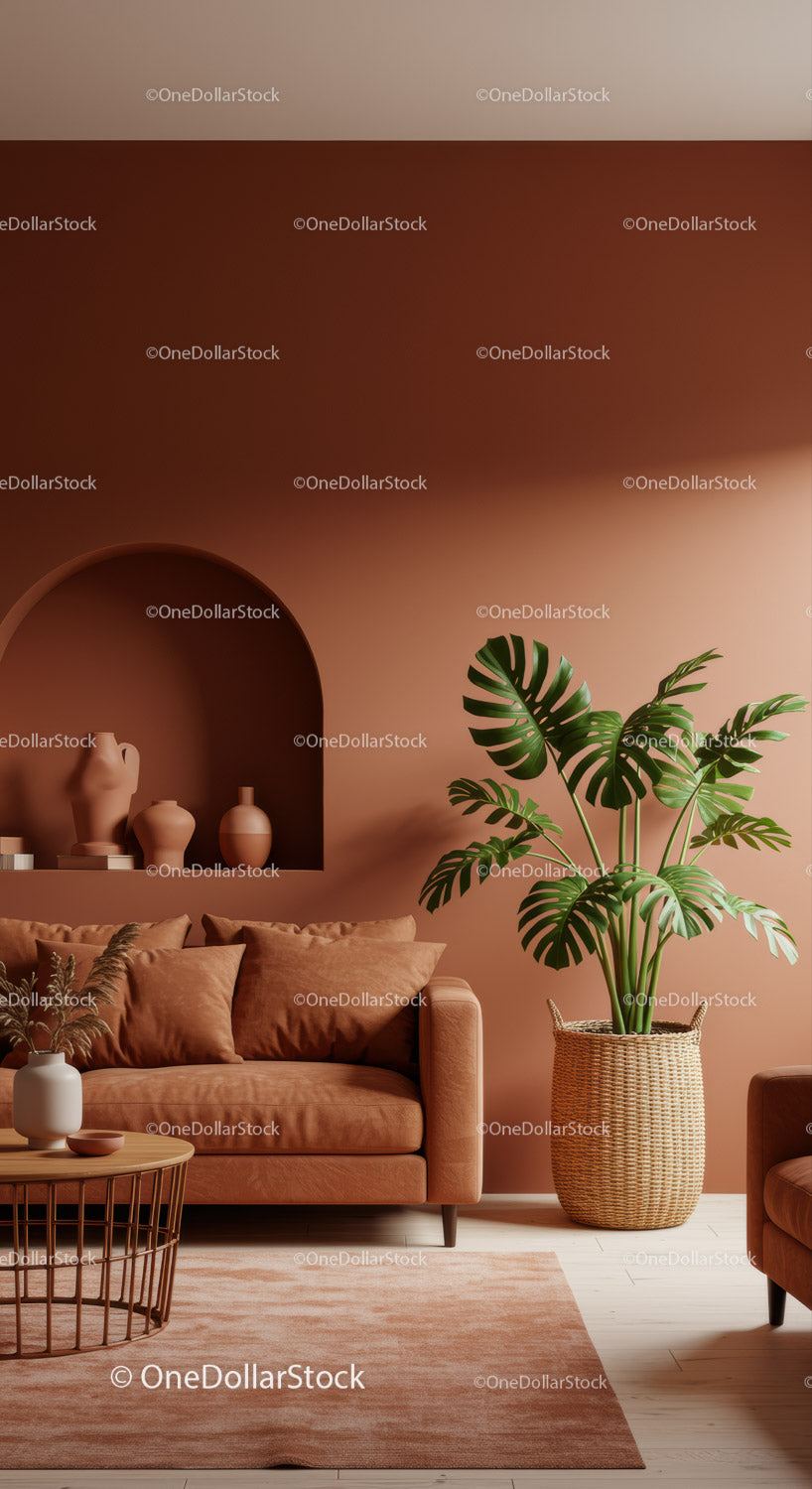 Elegancki, nowoczesny salon ze ścianami z terakoty i rośliną Monstera