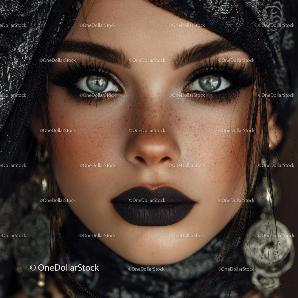 Close-up of Woman with Blue Eyes and Black Lips
