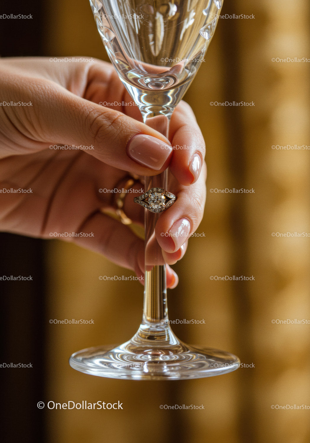 Hand with delicate ring holding elegant wine glass stem