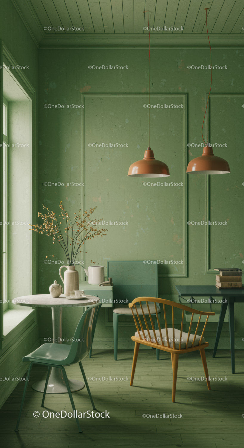 Green Vintage Interior with Wooden Furniture and Pendant Lighting