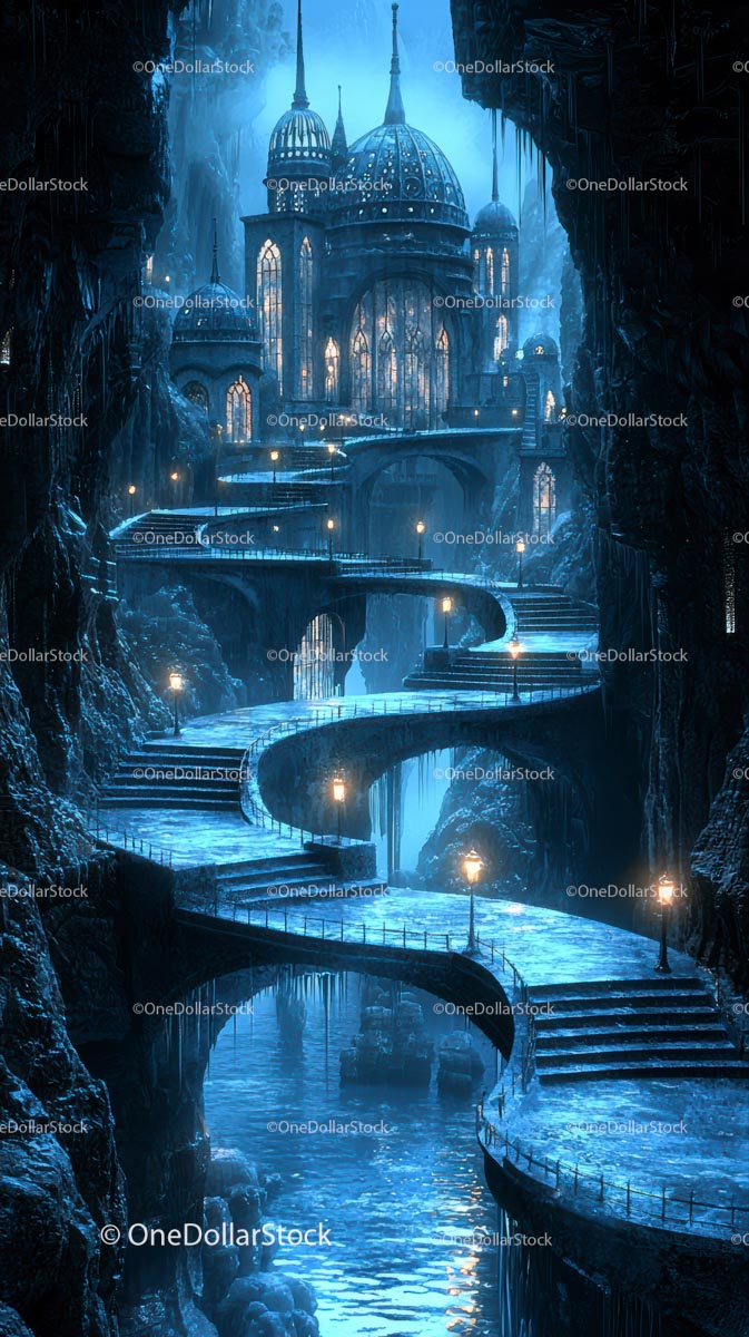Enchanting Magical Castle with Blue Lighting and Winding Pathways
