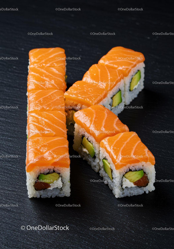 Fresh salmon avocado sushi rolls on dark slate board