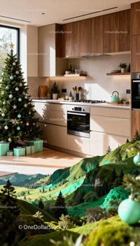 Modern kitchen with festive Christmas tree and gifts