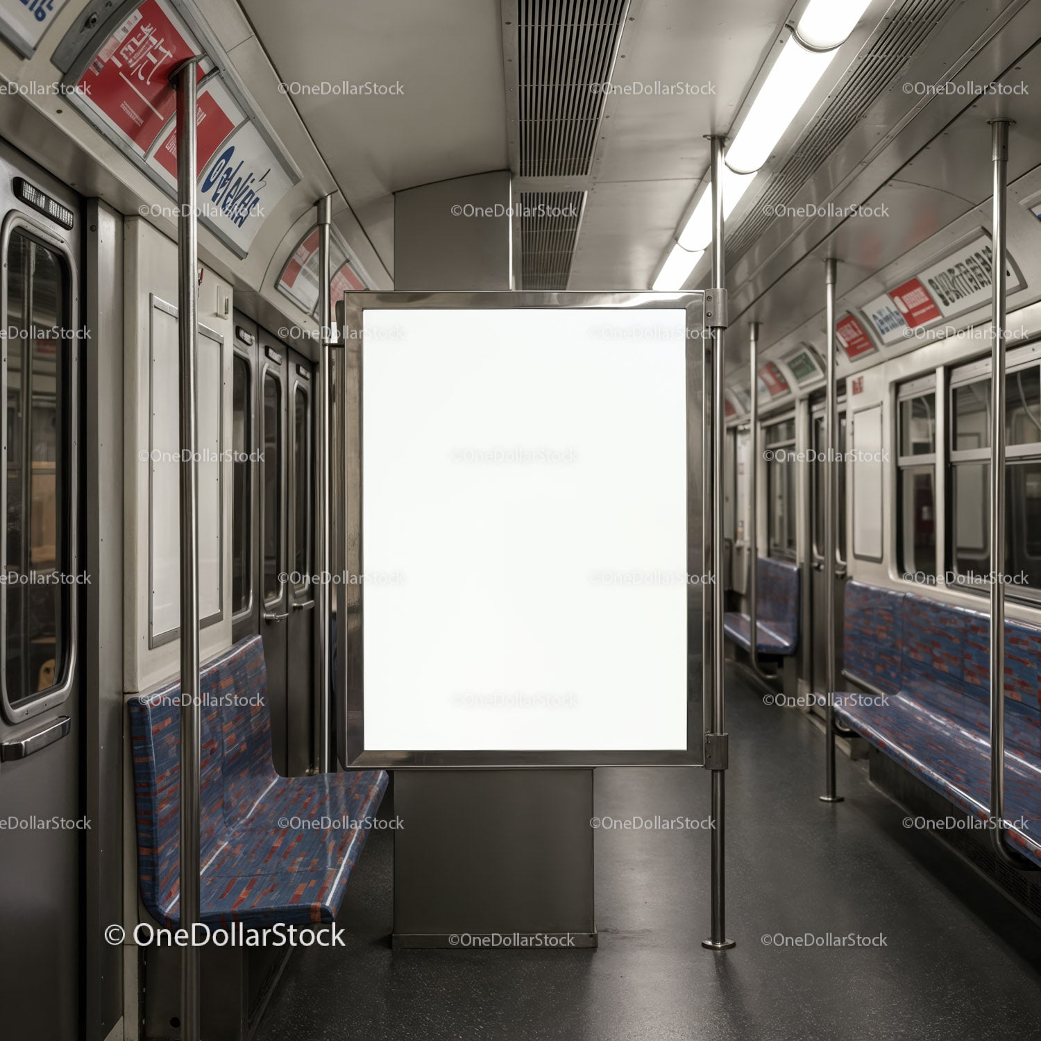 Empty subway car with illuminated advertisement panel
